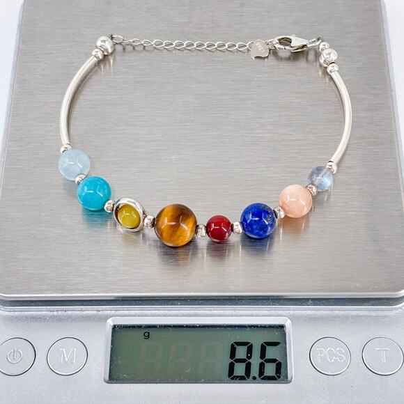 Sterling Silver Solar System Bracelet | Planet Gemstone Beaded Jewelry 7”-8.5” - Picture 6 of 6